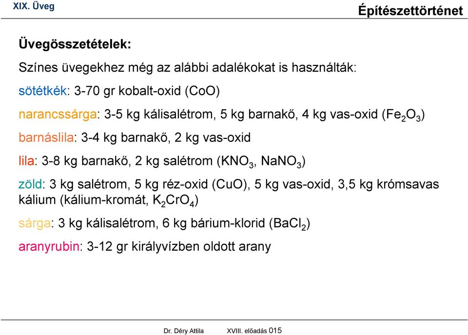 (KNO 3, NaNO 3 ) zöld: 3 kg salétrom, 5 kg réz-oxid (CuO), 5 kg vas-oxid, 3,5 kg krómsavas kálium (kálium-kromát, K 2 CrO 4 )