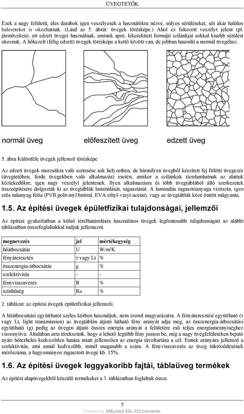 A hőkezelt (félig edzett) üvegek törésképe a kettő között van, de jobban hasonlít a normál üvegéhez. 5.