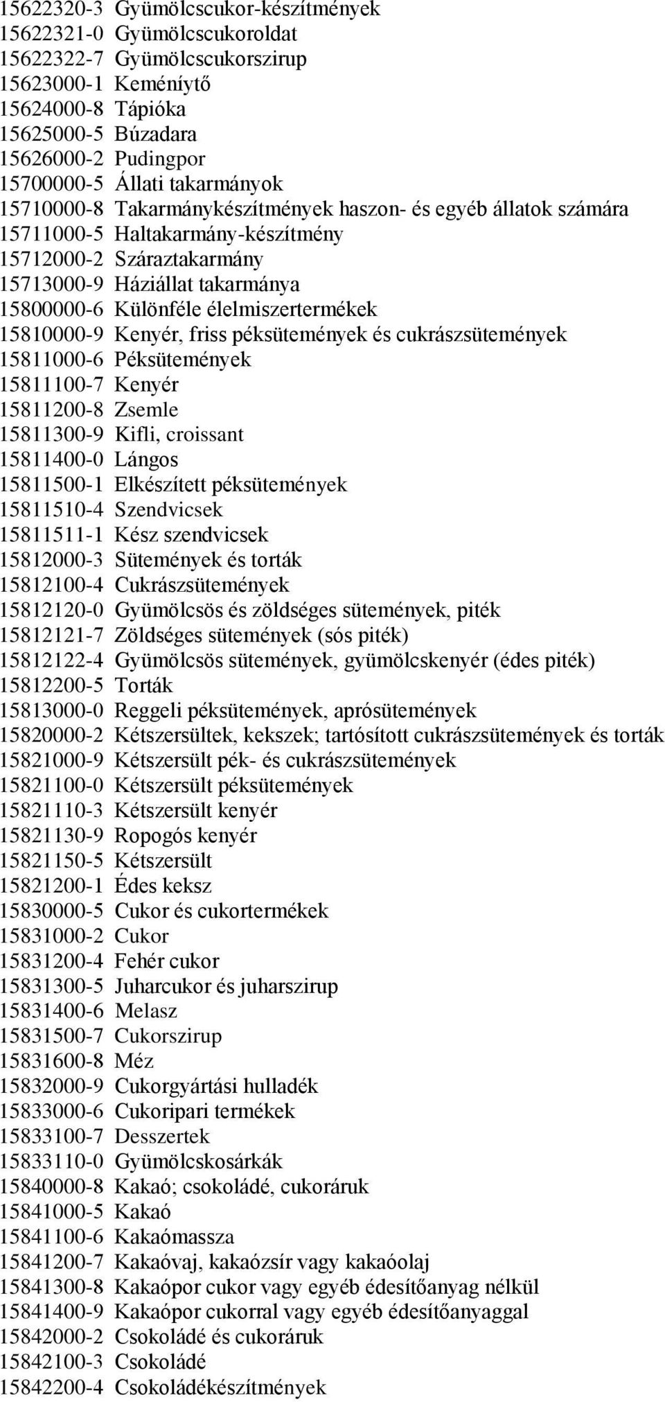 élelmiszertermékek 15810000-9 Kenyér, friss péksütemények és cukrászsütemények 15811000-6 Péksütemények 15811100-7 Kenyér 15811200-8 Zsemle 15811300-9 Kifli, croissant 15811400-0 Lángos 15811500-1