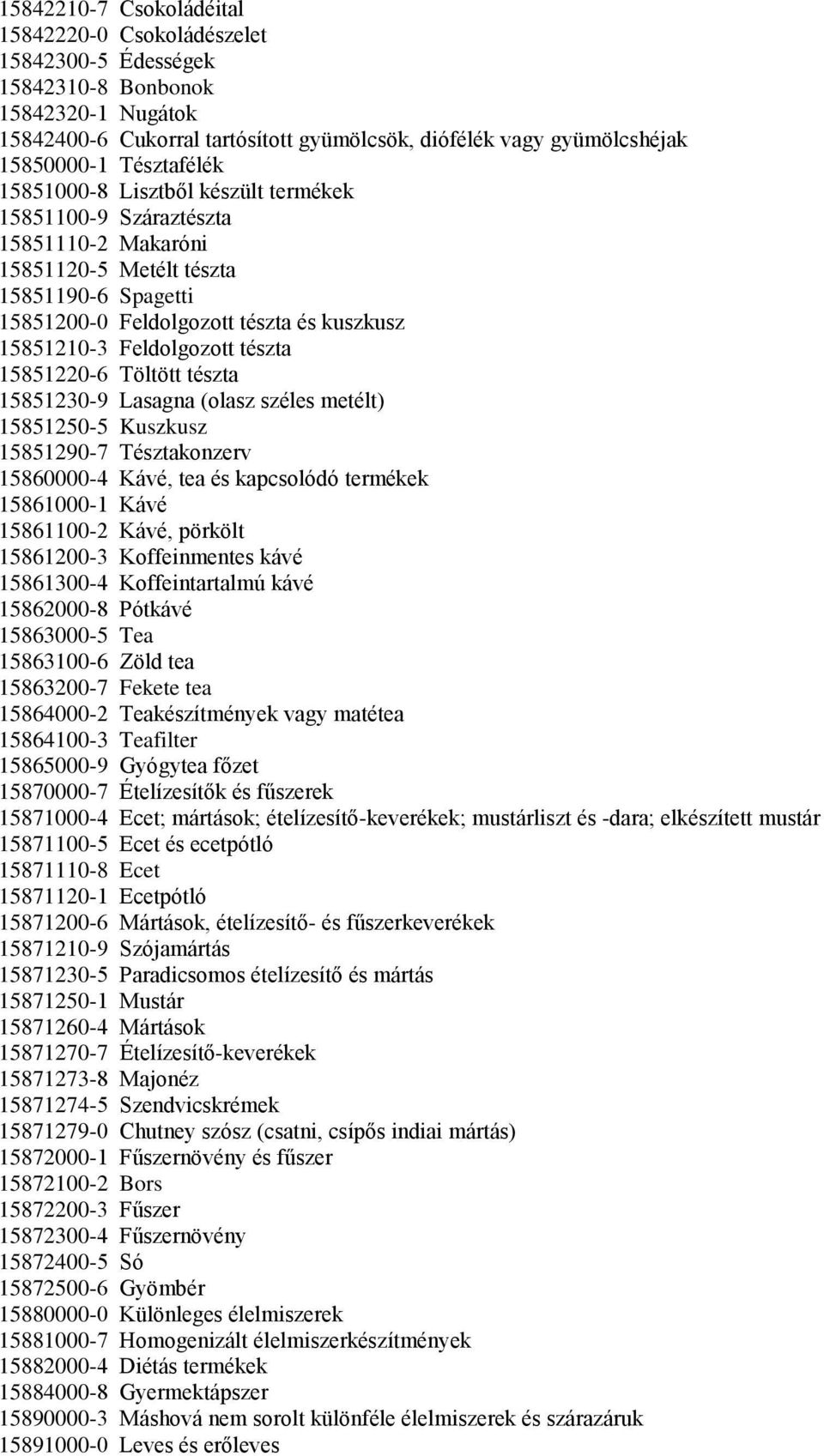 Feldolgozott tészta 15851220-6 Töltött tészta 15851230-9 Lasagna (olasz széles metélt) 15851250-5 Kuszkusz 15851290-7 Tésztakonzerv 15860000-4 Kávé, tea és kapcsolódó termékek 15861000-1 Kávé