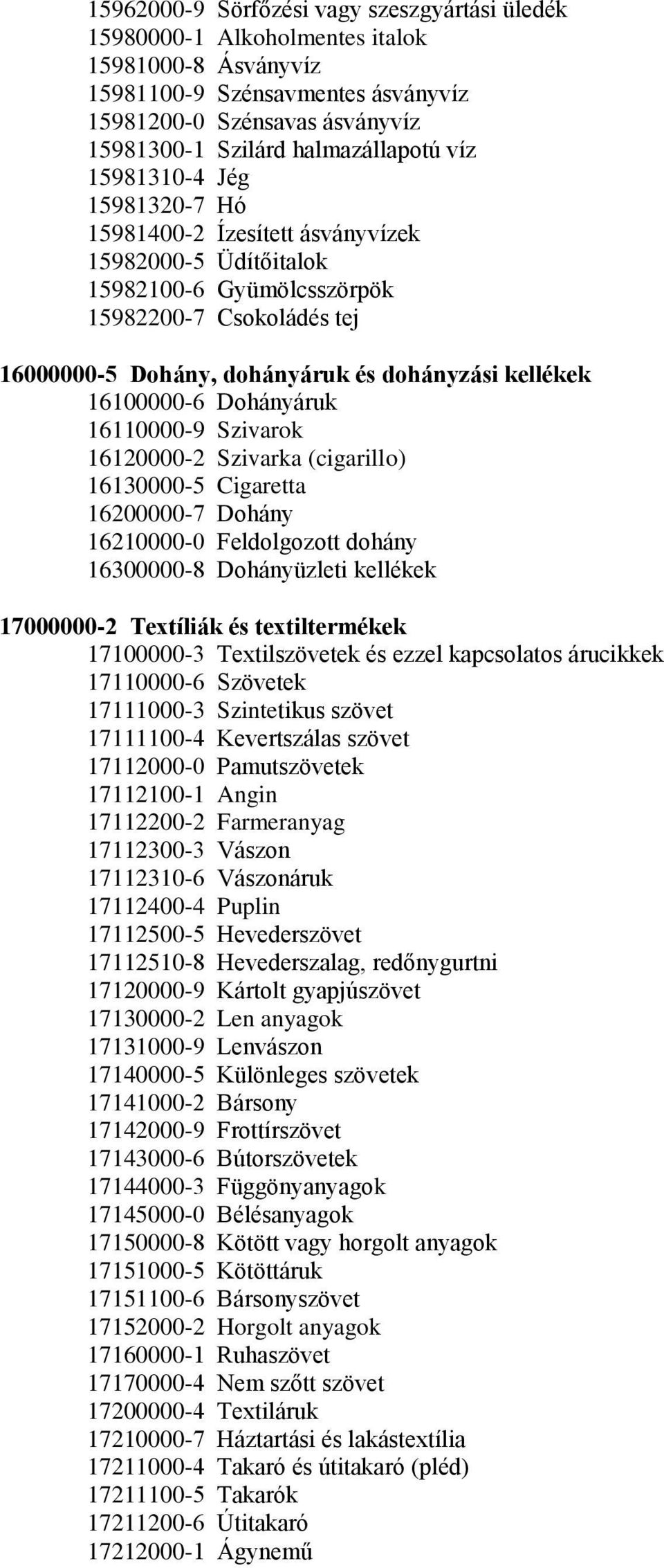 16100000-6 Dohányáruk 16110000-9 Szivarok 16120000-2 Szivarka (cigarillo) 16130000-5 Cigaretta 16200000-7 Dohány 16210000-0 Feldolgozott dohány 16300000-8 Dohányüzleti kellékek 17000000-2 Textíliák