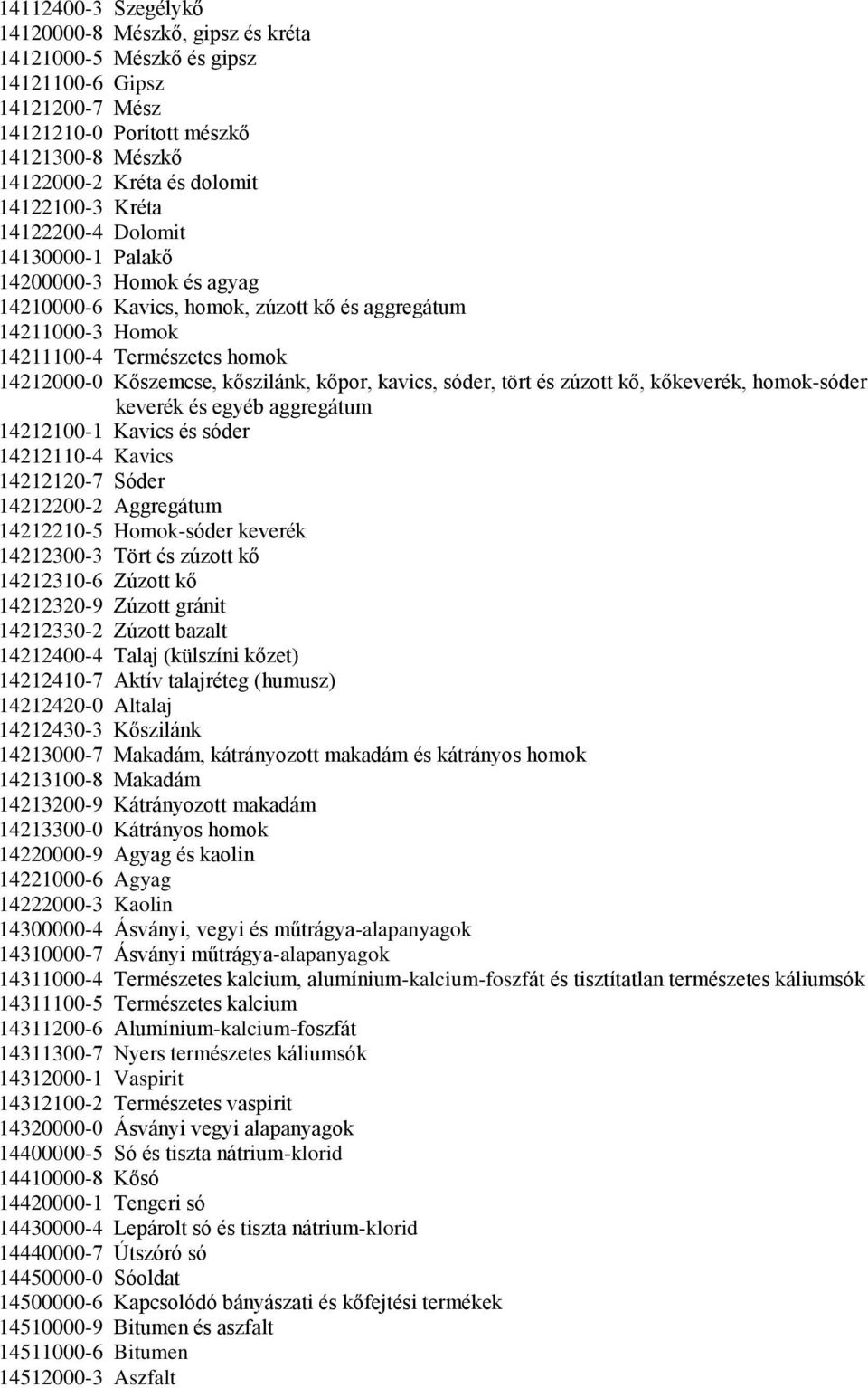 kőpor, kavics, sóder, tört és zúzott kő, kőkeverék, homok-sóder keverék és egyéb aggregátum 14212100-1 Kavics és sóder 14212110-4 Kavics 14212120-7 Sóder 14212200-2 Aggregátum 14212210-5 Homok-sóder