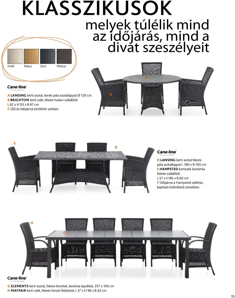 asztallappal L 180 x 100 cm E HAMPSTED kertiszék kartámla fekete szálakból L 57 x H 86 x 60 cm F Ülőpárna a Hampsted székhez, kapható különböző
