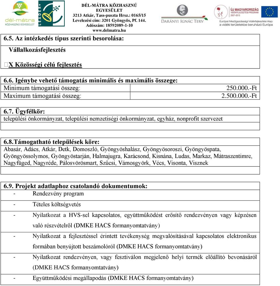 Támogatható települések köre: Abasár, Adács, Atkár, Detk, Domoszló, Gyöngyöshalász, Gyöngyösoroszi, Gyöngyöspata, Gyöngyössolymos, Gyöngyöstarján, Halmajugra, Karácsond, Kisnána, Ludas, Markaz,