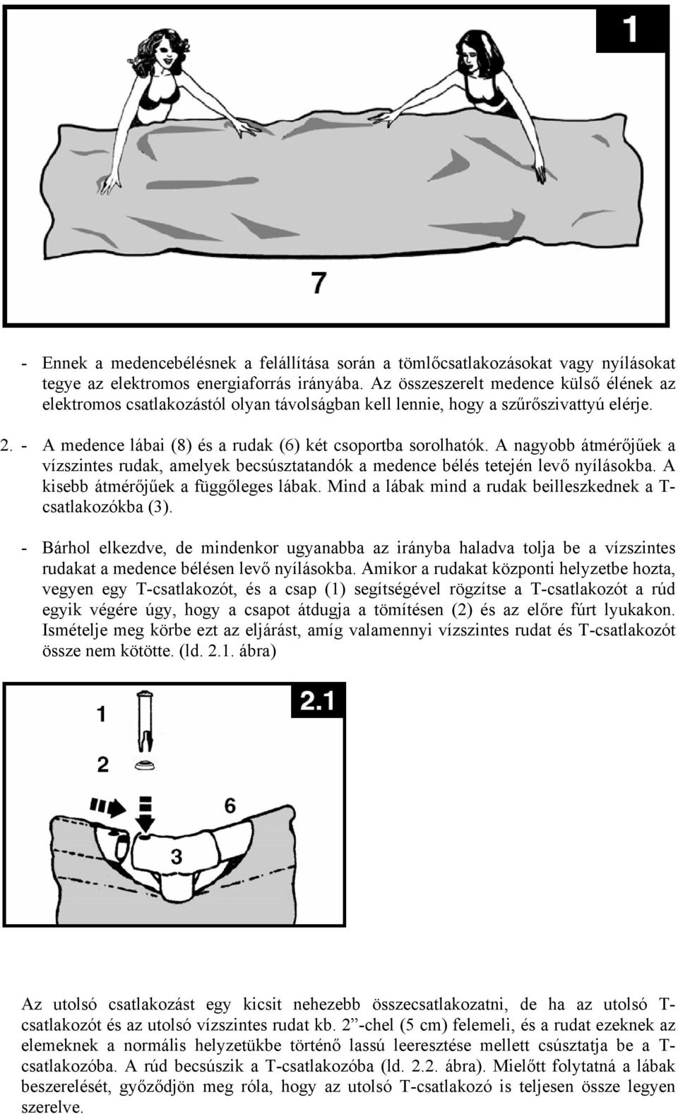 A nagyobb átmérőjűek a vízszintes rudak, amelyek becsúsztatandók a medence bélés tetején levő nyílásokba. A kisebb átmérőjűek a függőleges lábak.