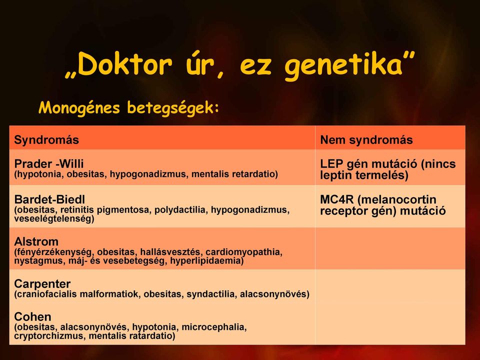 hypogonadizmus, veseelégtelenség) Alstrom (fényérzékenység, obesitas, hallásvesztés, cardiomyopathia, nystagmus, máj- és vesebetegség, hyperlipidaemia)