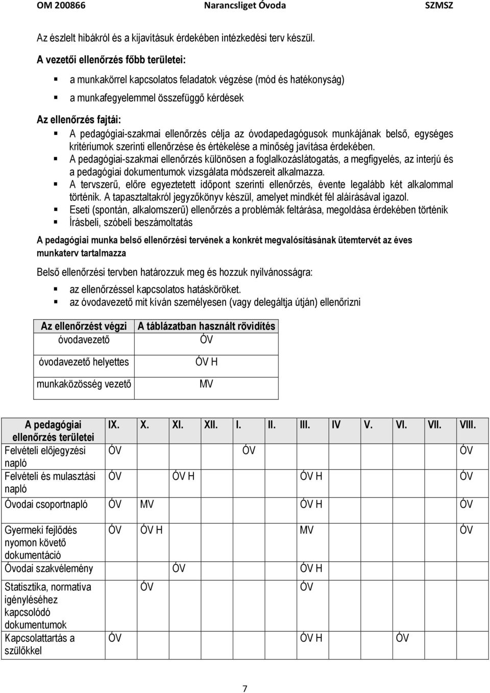 célja az óvodapedagógusok munkájának belső, egységes kritériumok szerinti ellenőrzése és értékelése a minőség javítása érdekében.