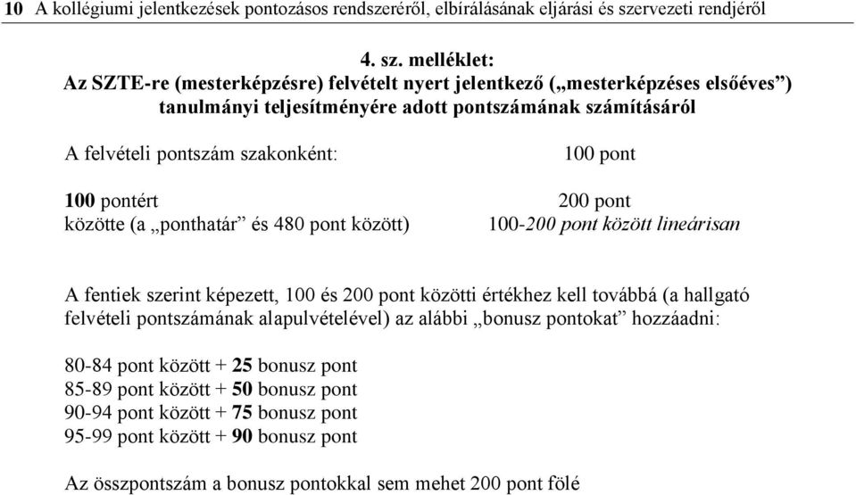 melléklet: Az SZTE-re (mesterképzésre) felvételt nyert jelentkező ( mesterképzéses elsőéves ) tanulmányi teljesítményére adott pontszámának számításáról A felvételi pontszám szakonként: 100