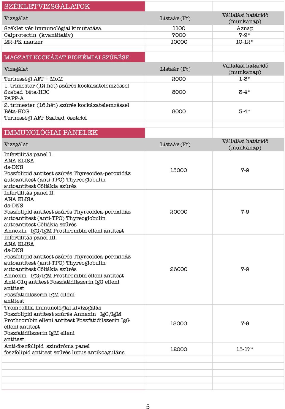 hét) szűrés kockázatelemzéssel Béta-HCG Terhességi AFP Szabad ösztriol 8000 3-4* IMMUNOLÓGIAI PANELEK Infertilitás panel I.