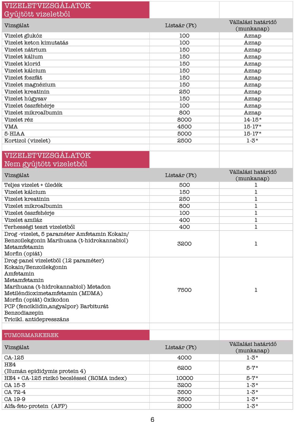 4500 15-17* 5-HIAA 5000 15-17* Kortizol (vizelet) 2500 1-3* VIZELETVIZSGÁLATOK Nem gyűjtött vizeletből Teljes vizelet + üledék 500 1 Vizelet kálcium 150 1 Vizelet kreatinin 250 1 Vizelet mikroalbumin