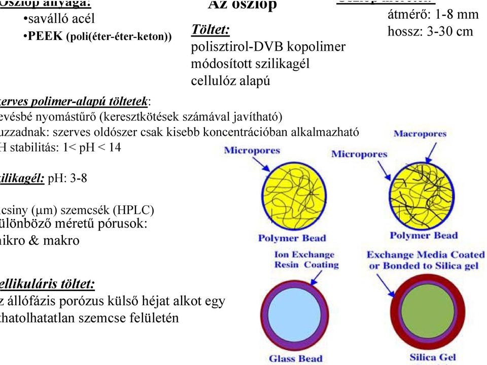 számával javítható) zzadnak: szerves oldószer csak kisebb koncentrációban alkalmazható stabilitás: 1< ph < 14 ilikagél: ph: 3-8 csiny