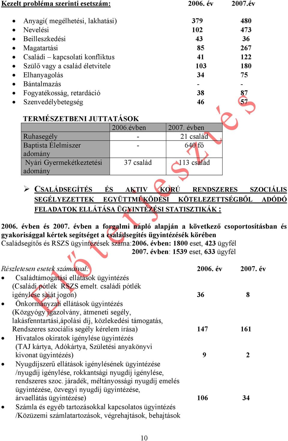 Bántalmazás - - Fogyatékosság, retardáció 38 87 Szenvedélybetegség 46 57 TERMÉSZETBENI JUTTATÁSOK 2006.évben 2007.