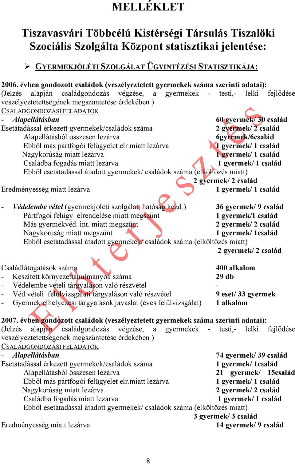 érdekében ) CSALÁDGONDOZÁSI FELADATOK - Alapellátásban 60 gyermek/ 30 család Esetátadással érkezett gyermekek/családok száma Alapellátásból összesen lezárva 6gyermek/6család Ebből más pártfogói