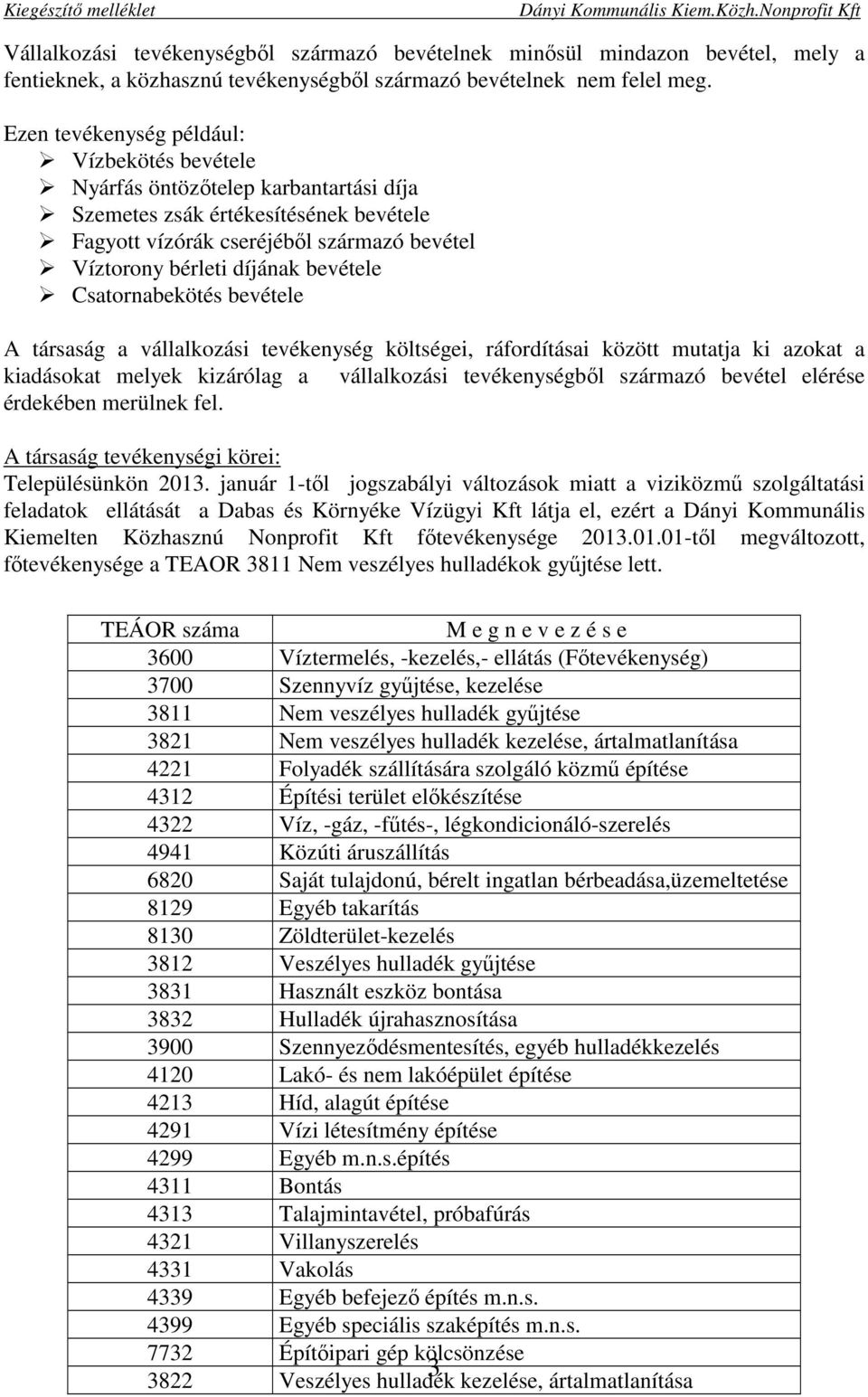 bevétele Csatornabekötés bevétele A társaság a vállalkozási tevékenység költségei, ráfordításai között mutatja ki azokat a kiadásokat melyek kizárólag a vállalkozási tevékenységbıl származó bevétel