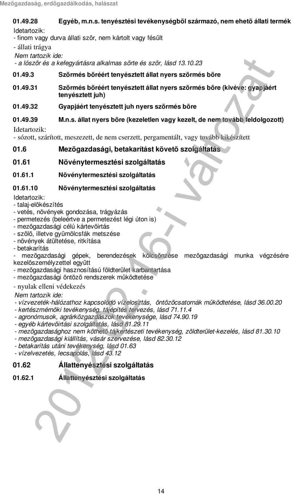 tenyésztési tevékenységbõl származó, nem ehetõ állati termék - finom vagy durva állati szõr, nem kártolt vagy fésült - állati trágya - a lószõr és a kefegyártásra alkalmas sörte és szõr, lásd 13.10.