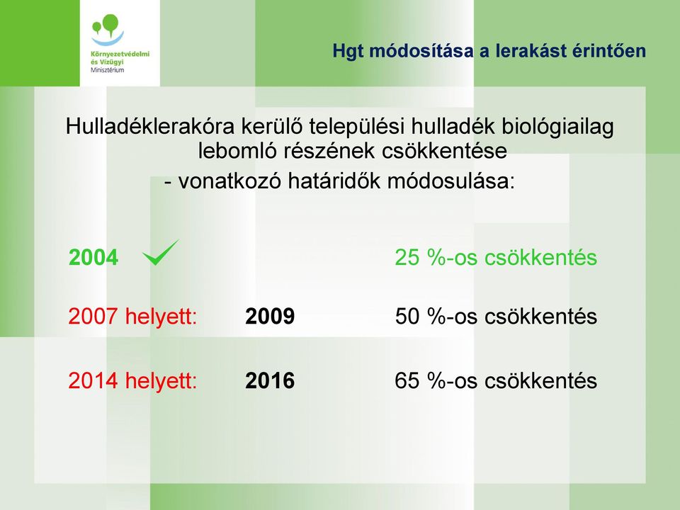 vonatkozó határidők módosulása: 2004 25 %-os csökkentés 2007