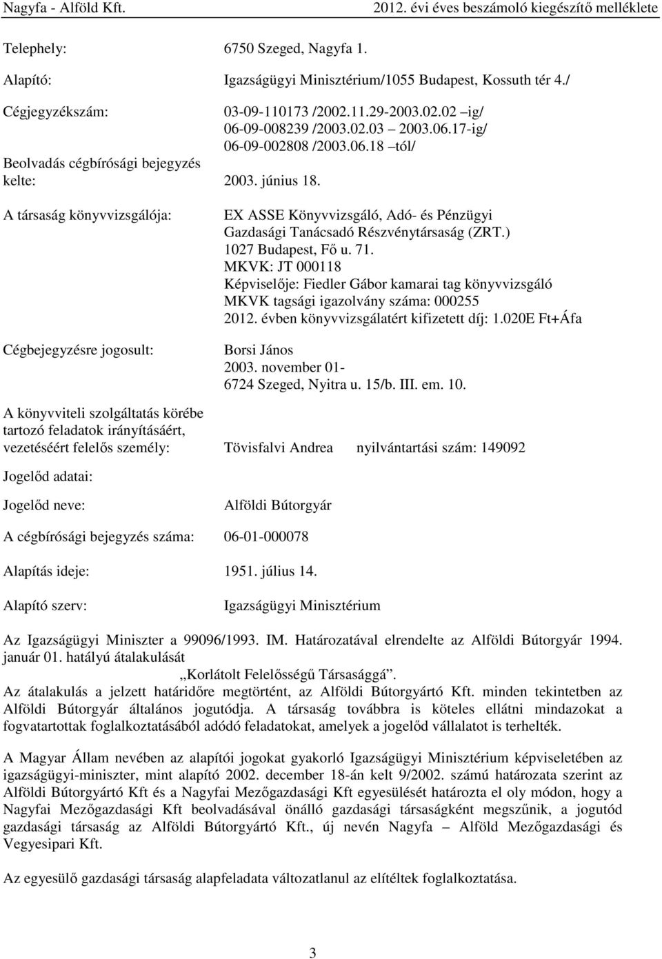 A társaság könyvvizsgálója: Cégbejegyzésre jogosult: EX ASSE Könyvvizsgáló, Adó- és Pénzügyi Gazdasági Tanácsadó Részvénytársaság (ZRT.) 1027 Budapest, Fő u. 71.