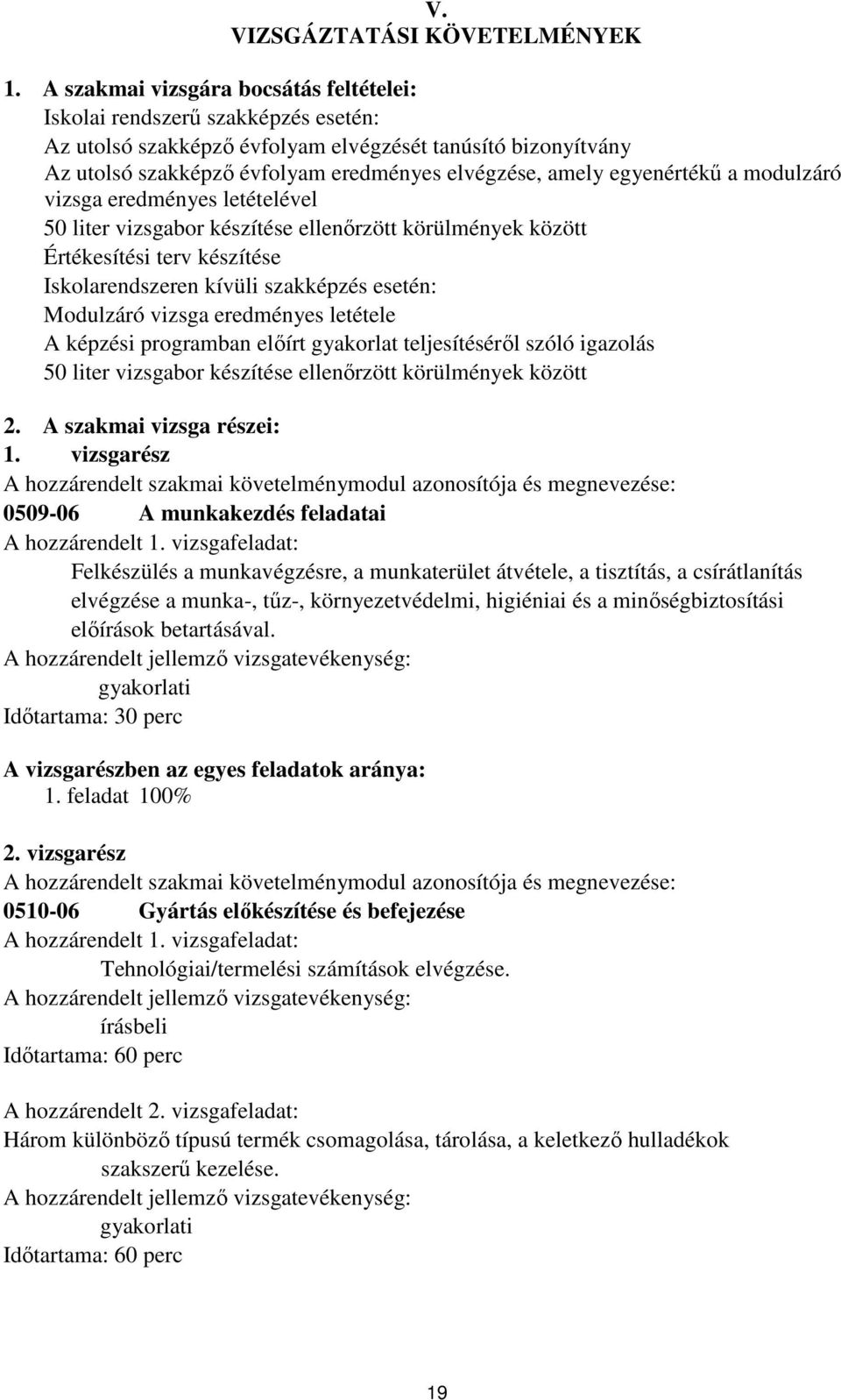 egyenértékű a modulzáró vizsga eredményes letételével 50 liter vizsgabor készítése ellenőrzött körülmények között Értékesítési terv készítése Iskolarendszeren kívüli szakképzés esetén: Modulzáró