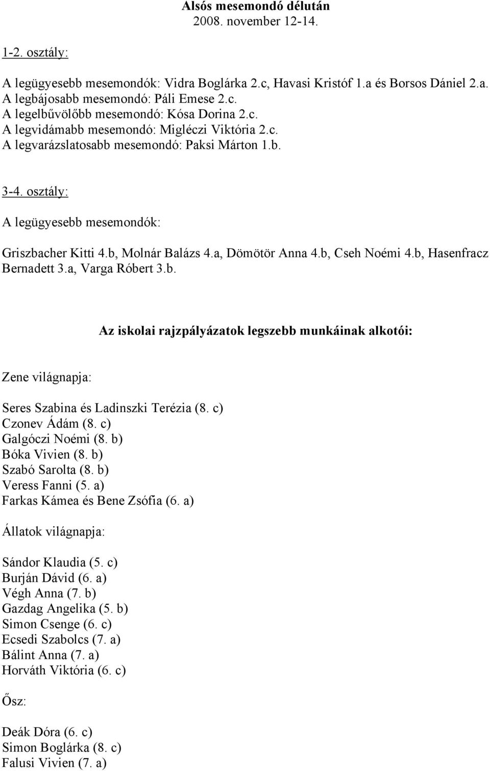 b, Cseh Noémi 4.b, Hasenfracz Bernadett 3.a, Varga Róbert 3.b. Az iskolai rajzpályázatok legszebb munkáinak alkotói: Zene világnapja: Seres Szabina és Ladinszki Terézia (8. c) Czonev Ádám (8.