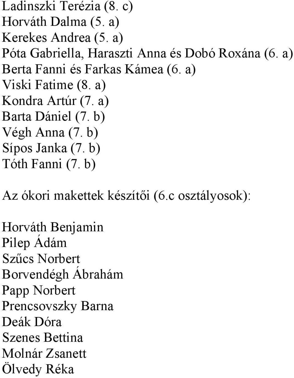 a) Kondra Artúr (7. a) Barta Dániel (7. b) Végh Anna (7. b) Sípos Janka (7. b) Tóth Fanni (7.