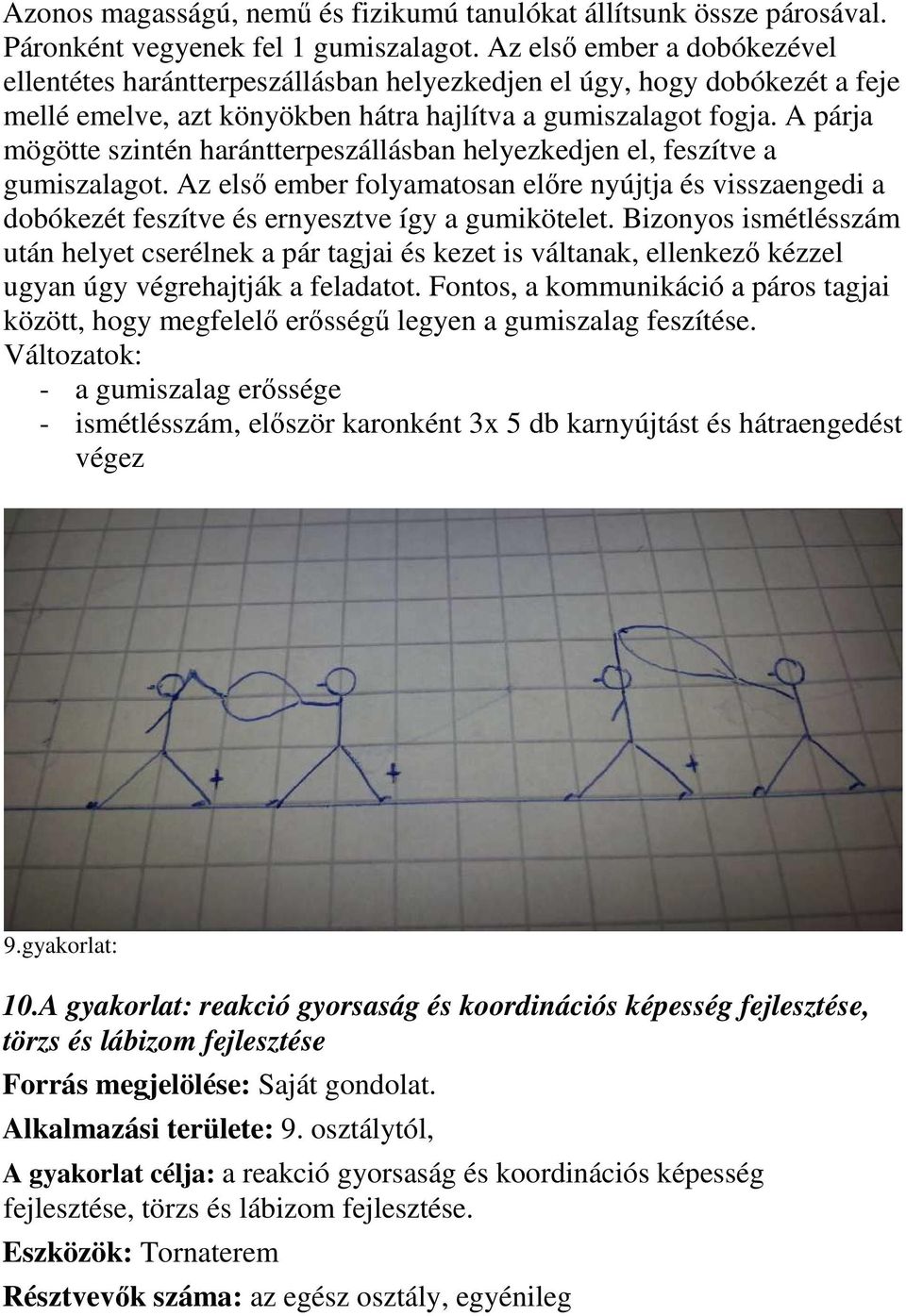 A párja mögötte szintén harántterpeszállásban helyezkedjen el, feszítve a gumiszalagot. Az első ember folyamatosan előre nyújtja és visszaengedi a dobókezét feszítve és ernyesztve így a gumikötelet.