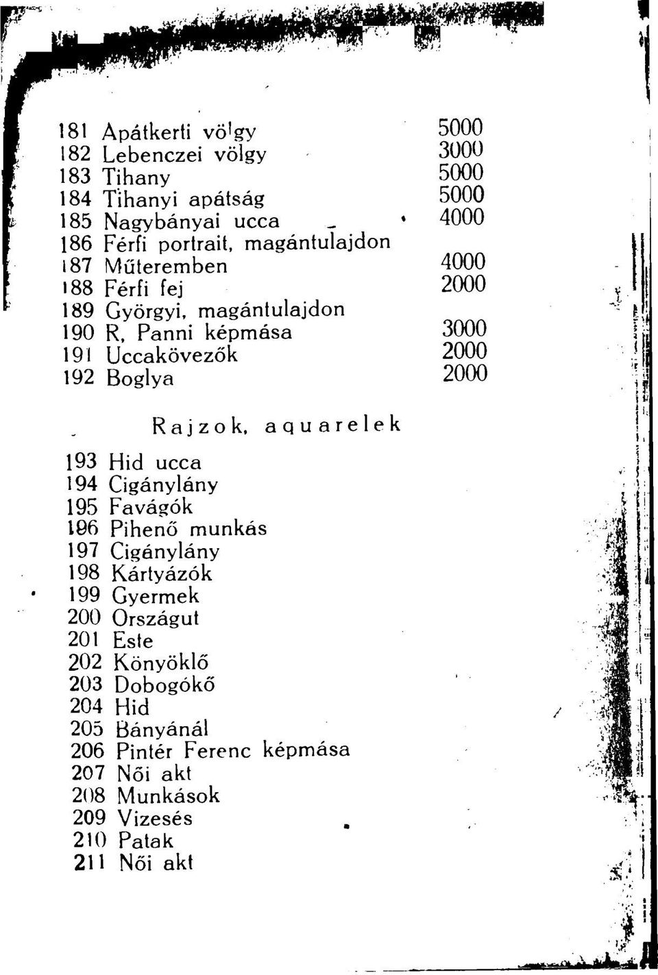 2000 Rajzok, aquarelek 193 Hid ucca 194 Cigánylány 195 Favágók 186 Pihenő munkás 197 Cigánylány 198 Kártyázók 199 Gyermek 200 Országút