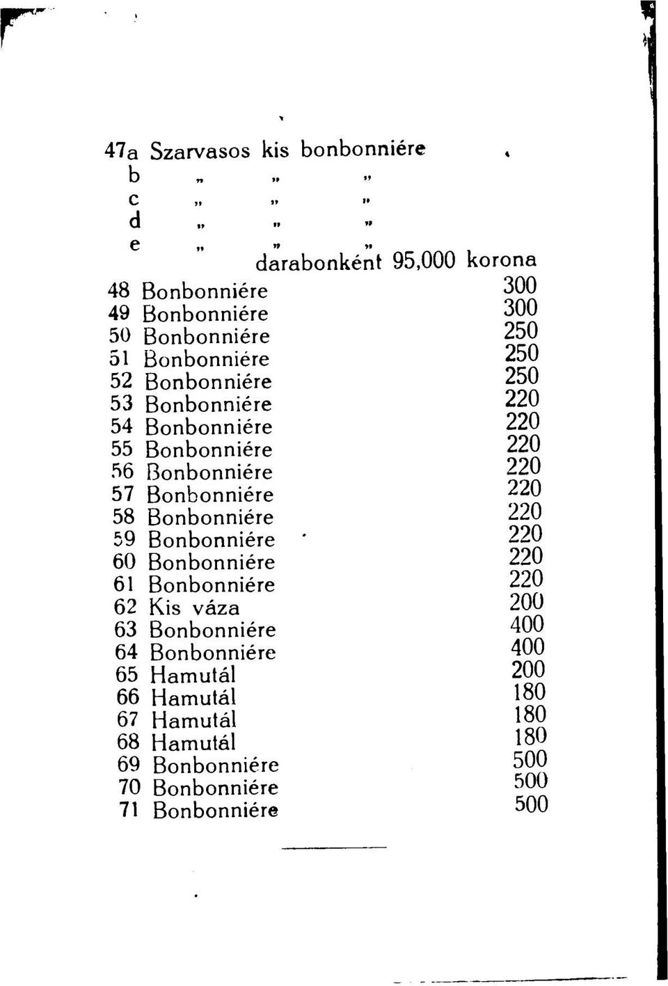 ^20 58 Bonbonniére 220 59 Bonbonniére 220 60 Bonbonniére 220 61 Bonbonniére 220 62 Kis váza 200 63 Bonbonniére 400 64