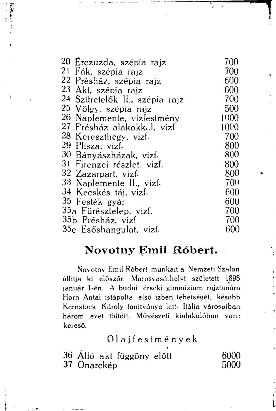 800 31 Firenzei részlet, vizf. 800 32 Zazarpart, vizf- 800 33 Naplemente II., vizf- 700 34 Kecskés táj, vizf- 600 35 Festék gyár 600 35 a Fürésztelep, vizf.