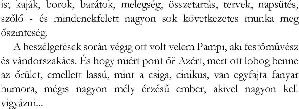 A beszélgetések során végig ott volt velem Pampi, aki festőművész és vándorszakács.