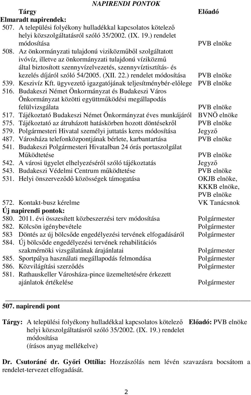 (XII. 22.) rendelet módosítása PVB elnöke 539. Keszivíz Kft. ügyvezetı igazgatójának teljesítménybér-elılege PVB elnöke 516.