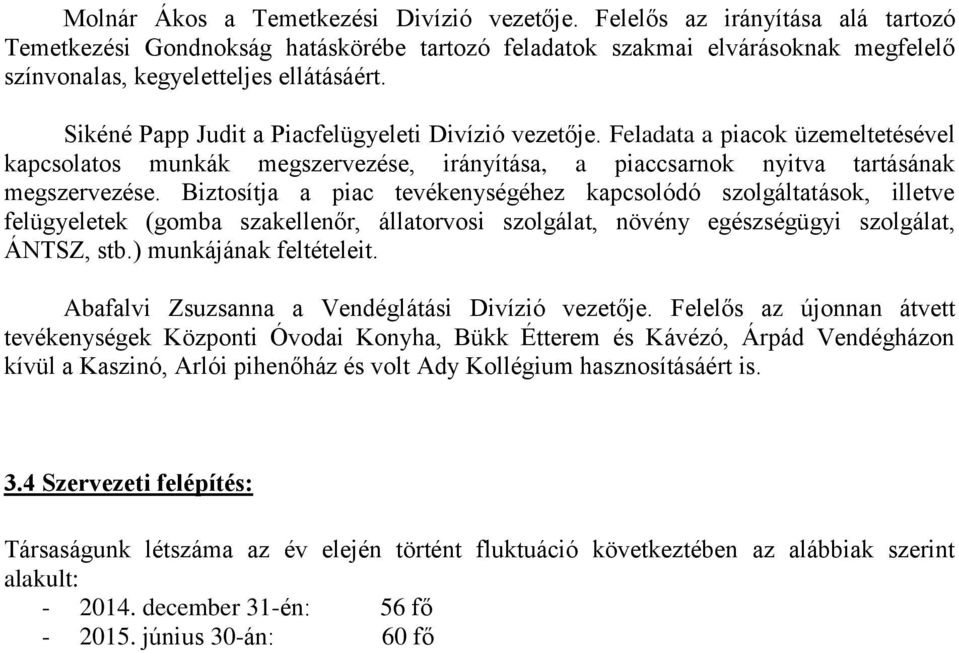 Sikéné Papp Judit a Piacfelügyeleti Divízió vezetője. Feladata a piacok üzemeltetésével kapcsolatos munkák megszervezése, irányítása, a piaccsarnok nyitva tartásának megszervezése.