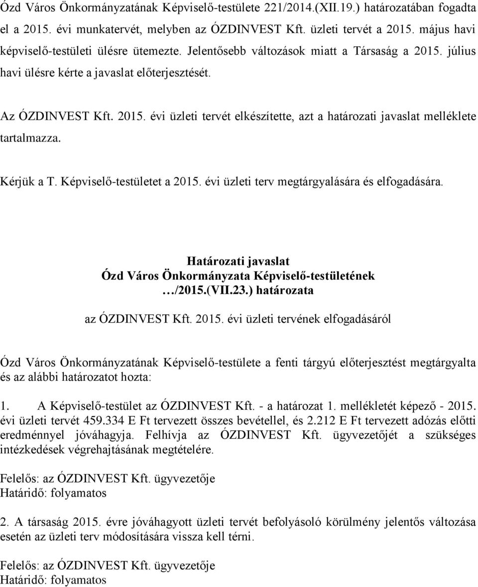 Kérjük a T. Képviselő-testületet a 2015. évi üzleti terv megtárgyalására és elfogadására. Határozati javaslat Ózd Város Önkormányzata Képviselő-testületének /2015.(VII.23.