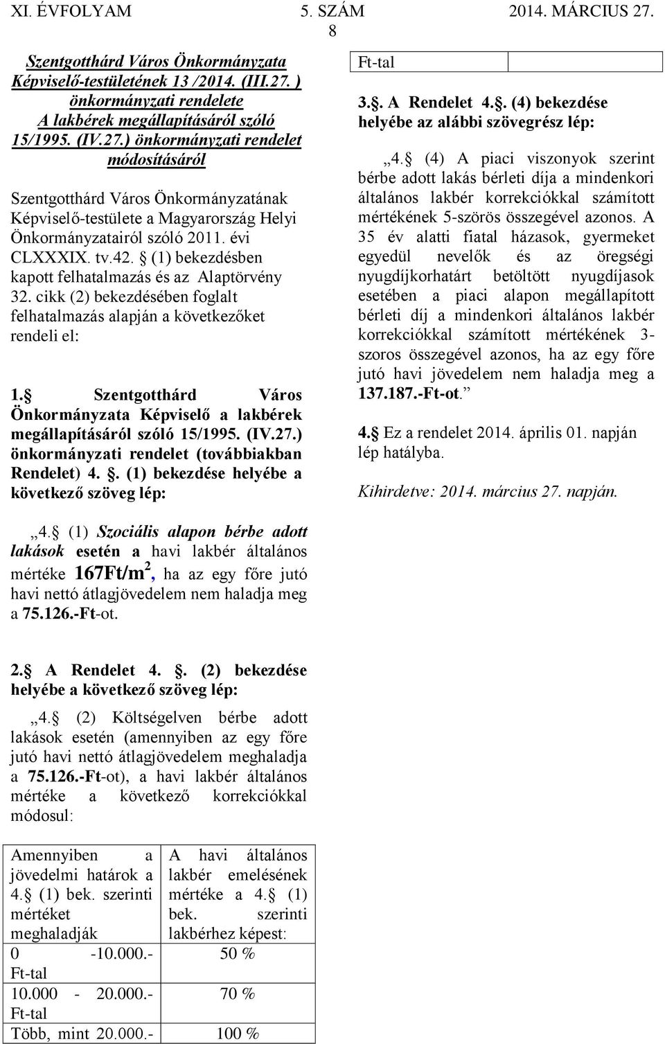 Szentgotthárd Város Önkormányzata Képviselő a lakbérek megállapításáról szóló 15/1995. (IV.27.) önkormányzati rendelet (továbbiakban Rendelet) 4.