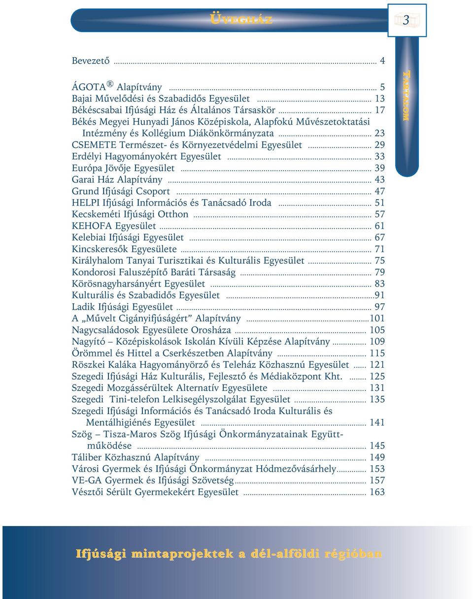 .. 29 Erdélyi Hagyományokért Egyesület... 33 Európa Jövõje Egyesület... 39 Garai Ház Alapítvány... 43 Grund Ifjúsági Csoport... 47 HELPI Ifjúsági Információs és Tanácsadó Iroda.