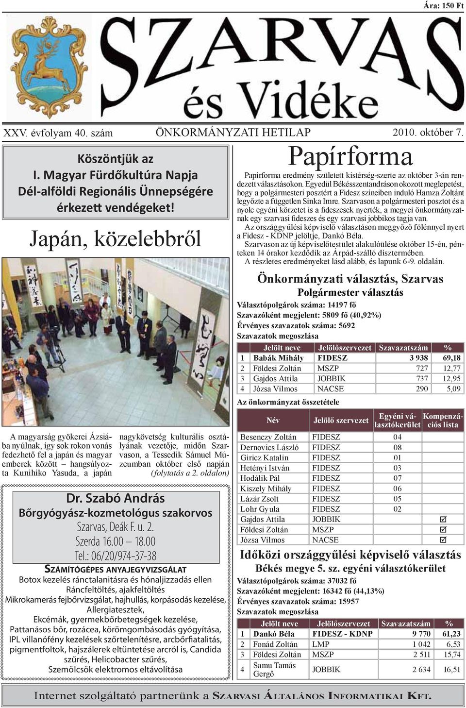 vezetője, midőn Szarvason, a Tessedik Sámuel Múzeumban október első napján (folytatás a 2. oldalon) Dr. Szabó András Bőrgyógyász-kozmetológus szakorvos Szarvas, Deák F. u. 2. Szerda 16.00 18.00 Tel.