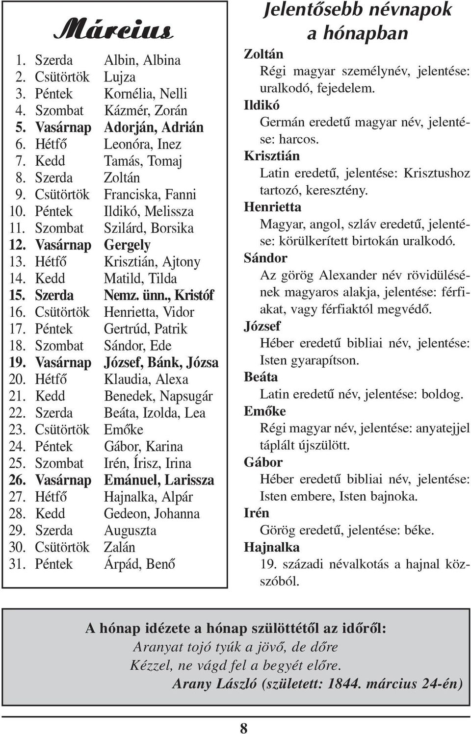 Csütörtök Henrietta, Vidor 17. Péntek Gertrúd, Patrik 18. Szombat Sándor, Ede 19. Vasárnap József, Bánk, Józsa 20. Hétfõ Klaudia, Alexa 21. Kedd Benedek, Napsugár 22. Szerda Beáta, Izolda, Lea 23.