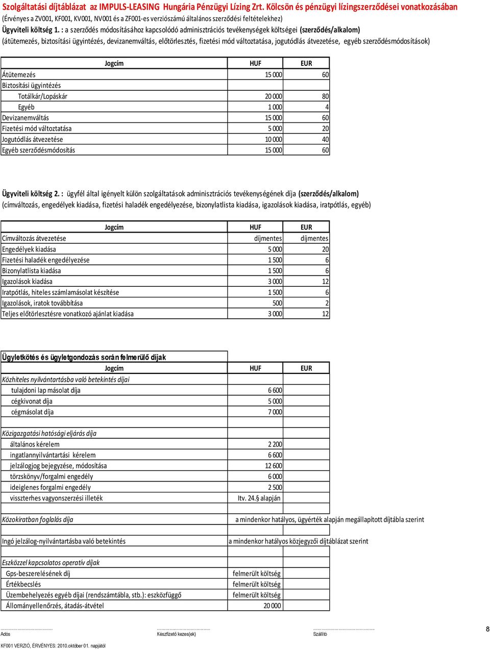 : a szerződés módosításához kapcsolódó adminisztrációs tevékenységek költségei (szerződés/alkalom) (átütemezés, biztosítási ügyintézés, devizanemváltás, előtörlesztés, fizetési mód változtatása,