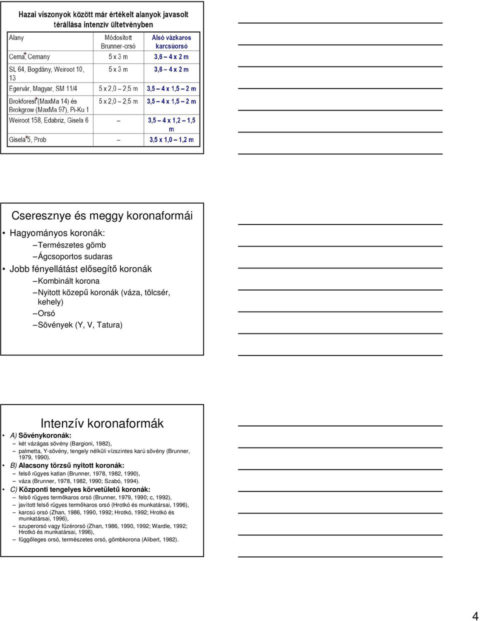 B) Alacsony törzső nyitott koronák: felsı rügyes katlan (Brunner, 1978, 1982, 1990), váza (Brunner, 1978, 1982, 1990; Szabó, 1994).