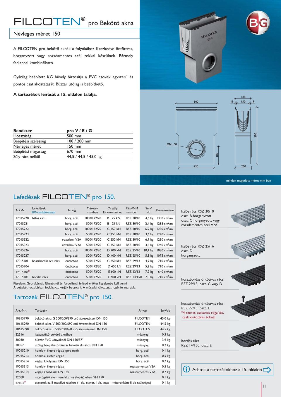 500 188 19 150 19 Rendszer Hosszúság Beépítési szélesség Névleges méret Beépítési magasság Súly rács nélkül pro V / E / G 500 mm 188 / 200 mm 150 mm 670 mm 44,5 / 44,5 / 45,0 kg DN 150 180 690 430