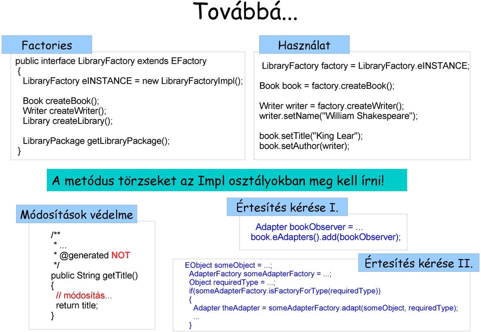 getlibrarypackage(); Használat LibraryFactory factory = LibraryFactory.eINSTANCE; Book book = factory.createbook(); Writer writer = factory.createwriter(); writer.setname("william Shakespeare"); book.