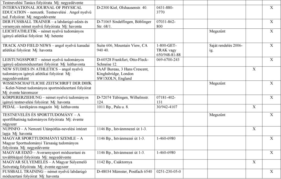Olshausenstr. 40. 0431-880- 3770 D-71065 Sindelfingen, Böblinger Str. 68/1. 07031-862- 800 TRACK AND FIELD NEWS angol nyelvű kanadai atlétikai folyóirat Mj: Suite 606, Mountain View, CA 940 40.