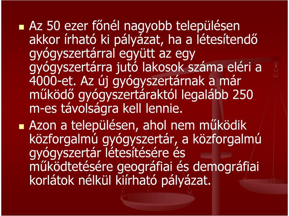 Az új gyógyszertárnak a már működő gyógyszertáraktól legalább 250 m-es távolságra kell lennie.