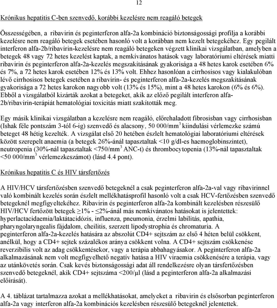 Egy pegilált interferon alfa-2b/ribavirin-kezelre nem reagáló betegeken végzett klinikai vizsgálatban, amelyben a betegek 48 vagy 72 hetes kezelt kaptak, a nemkívánatos hatások vagy laboratóriumi