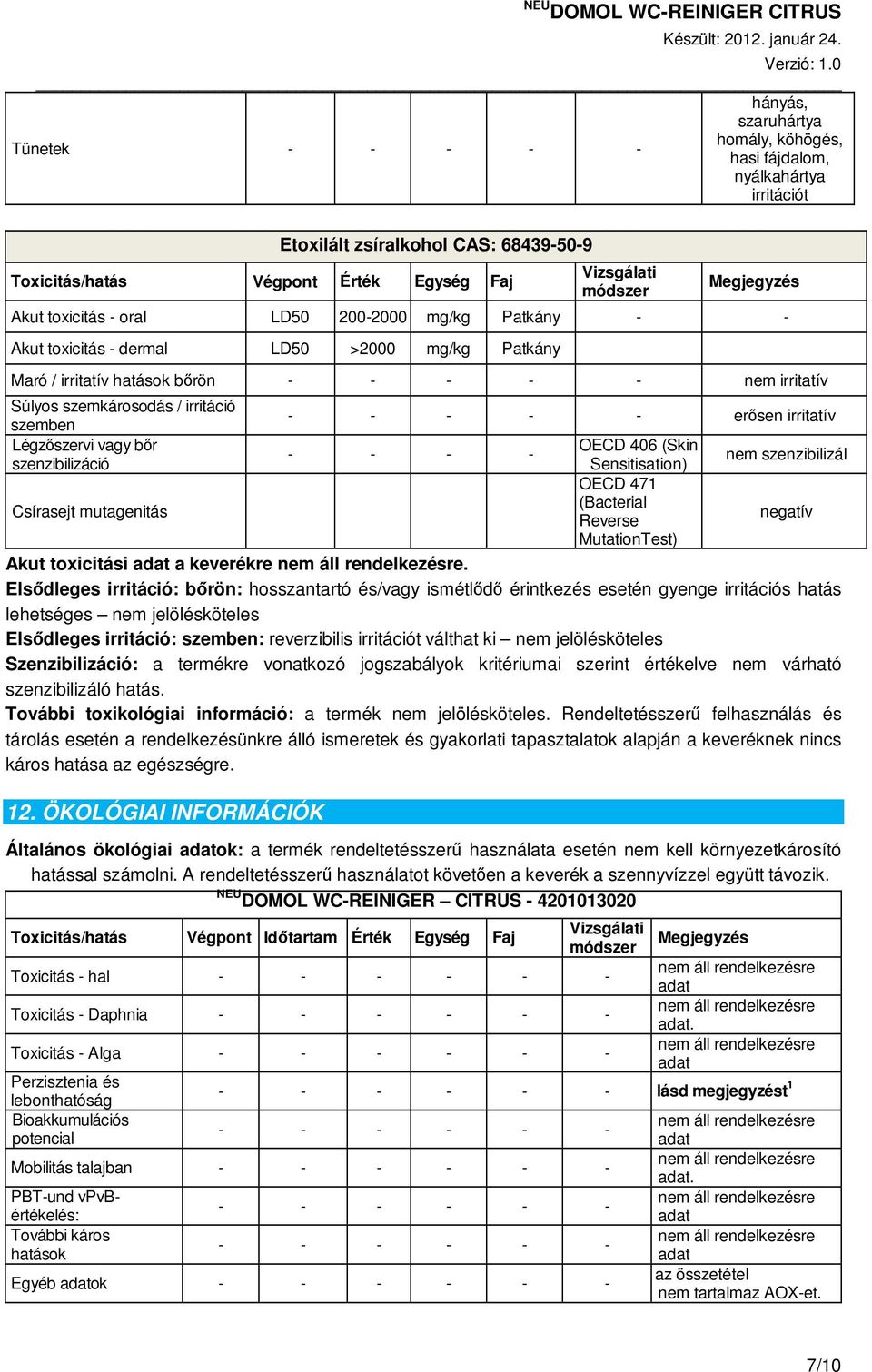 irritáció szemben Légzıszervi vagy bır szenzibilizáció Csírasejt mutagenitás - - - - - erısen irritatív - - - - OECD 406 (Skin Sensitisation) OECD 471 (Bacterial Reverse MutationTest) nem