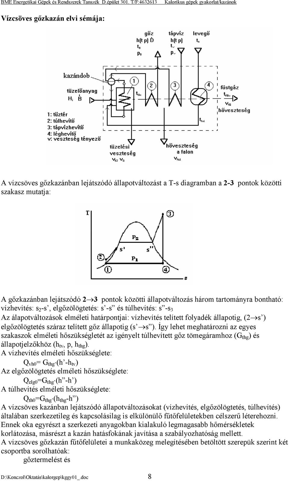 száraz telített gőz állapotig (s s ). Így lehet meghatározni az egyes szakaszok elméleti hőszükségletét az igényelt túlhevített gőz tömegáramhoz (G thg ) és állapotjelzőkhöz (h tv, p, h thg ).