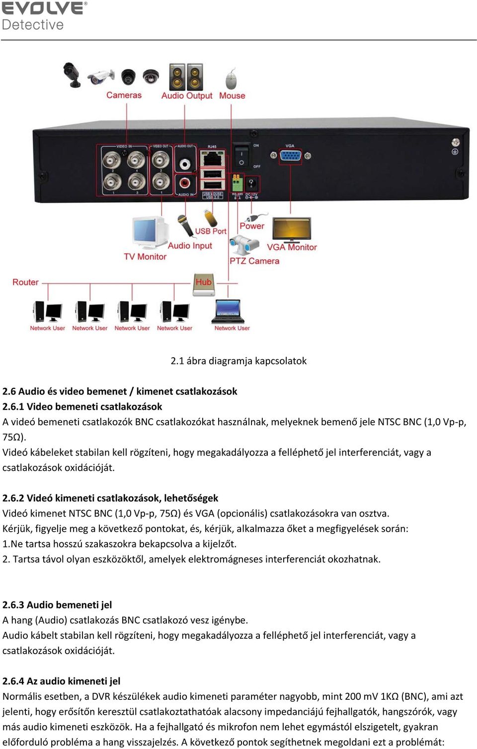 2 Videó kimeneti csatlakozások, lehetőségek Videó kimenet NTSC BNC (1,0 Vp-p, 75Ω) és VGA (opcionális) csatlakozásokra van osztva.