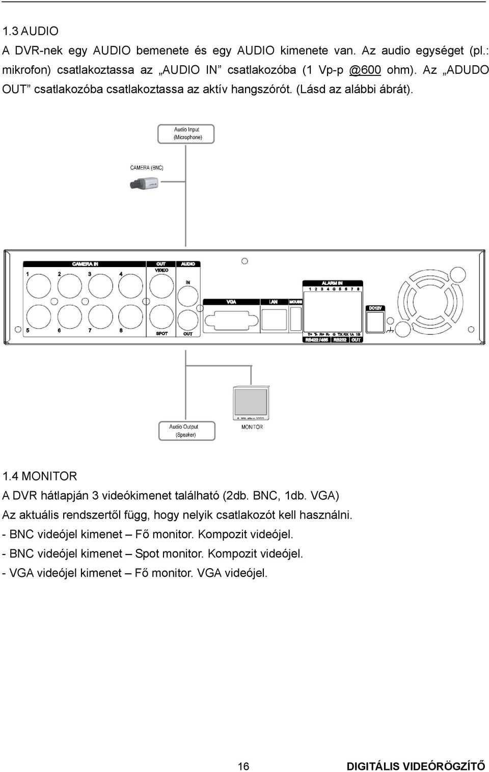 (Lásd az alábbi ábrát). 1.4 MONITOR A DVR hátlapján 3 videókimenet található (2db. BNC, 1db.