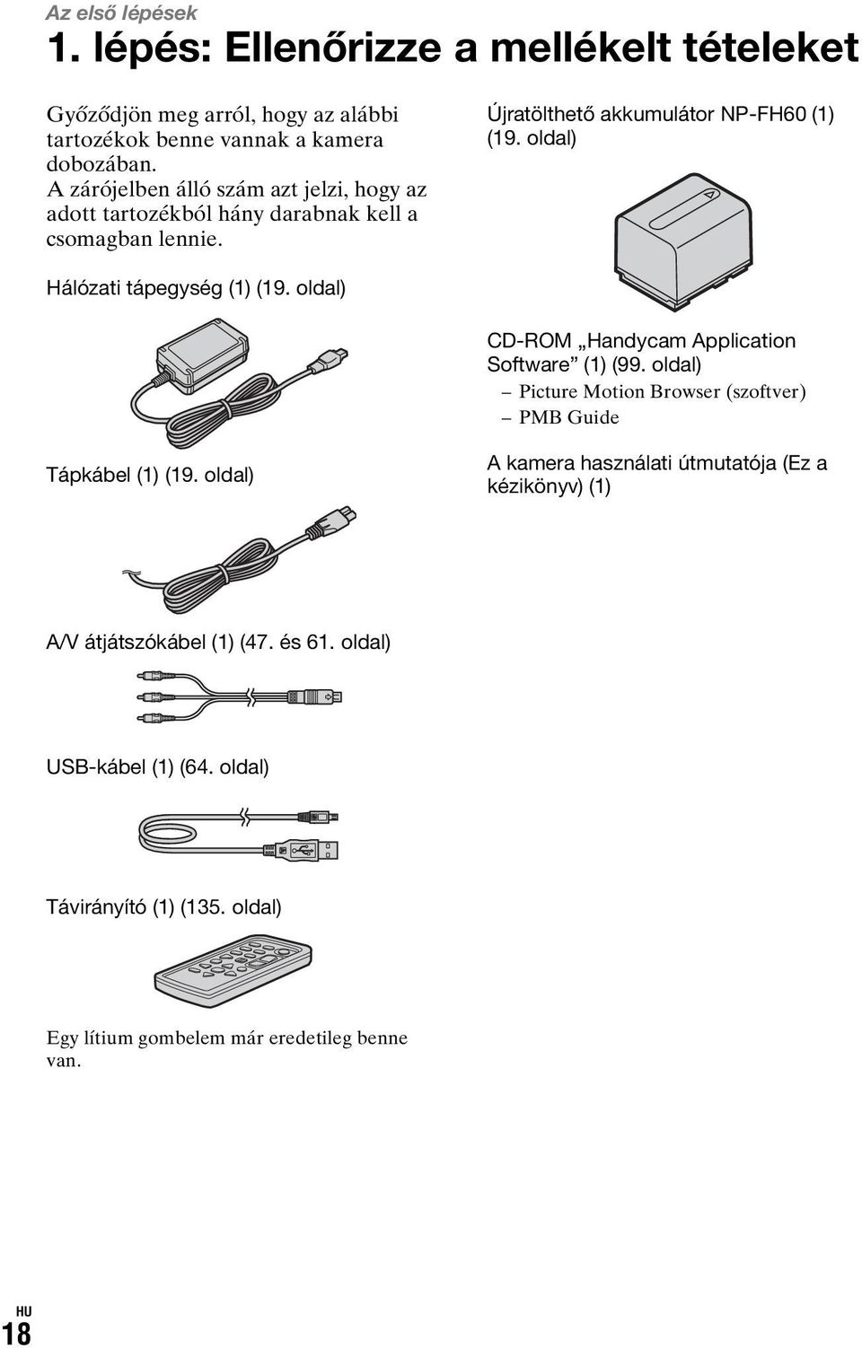 oldal) Hálózati tápegység (1) (19. oldal) CD-ROM Handycam Application Software (1) (99. oldal) Picture Motion Browser (szoftver) PMB Guide Tápkábel (1) (19.