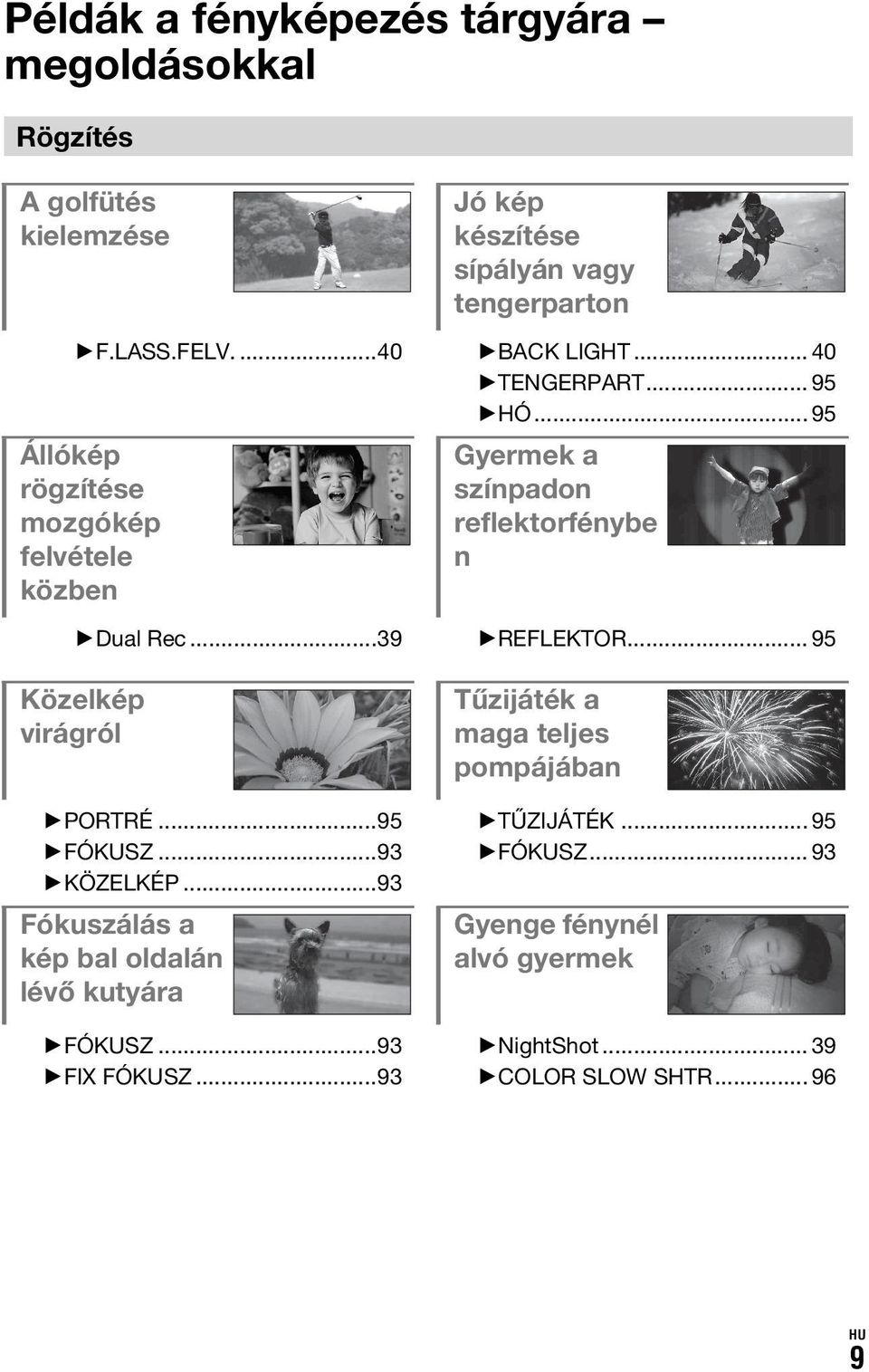 ..39 BREFLEKTOR... 95 Közelkép virágról BPORTRÉ...95 BFÓKUSZ...93 BKÖZELKÉP...93 Fókuszálás a kép bal oldalán lévő kutyára BFÓKUSZ.