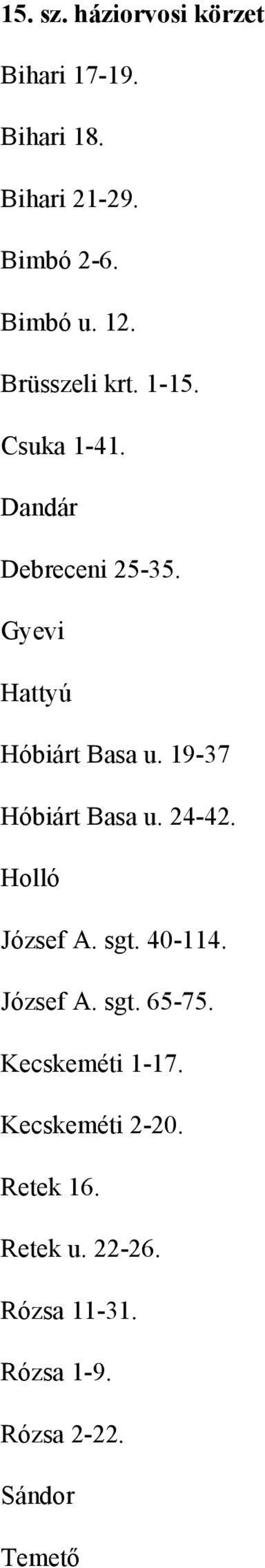 19-37 Hóbiárt Basa u. 24-42. Holló József A. sgt. 40-114. József A. sgt. 65-75.